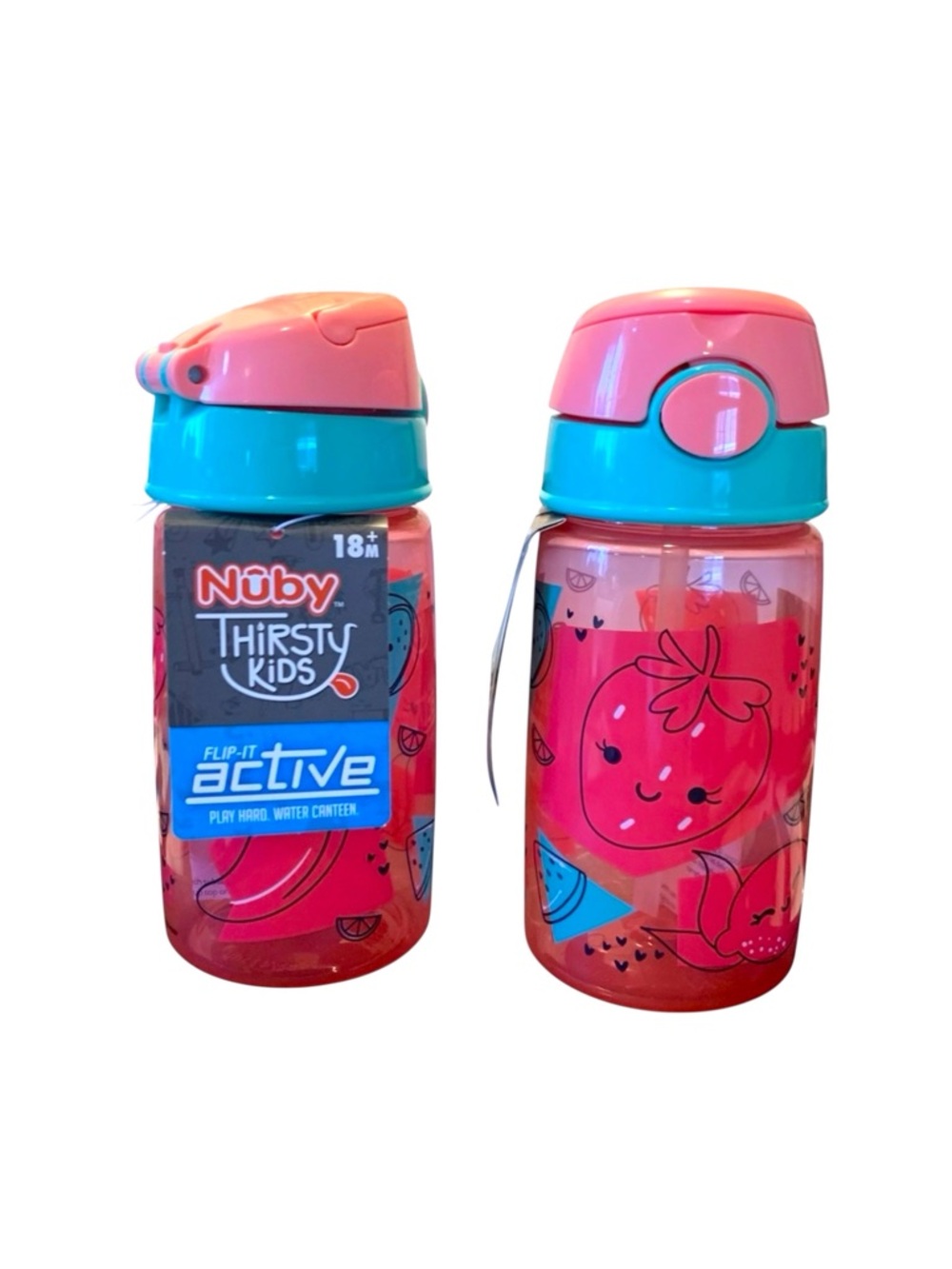 2 Kids 18+mo Nuby Flip-It play hard Active Water Bottle - Pink & Teal